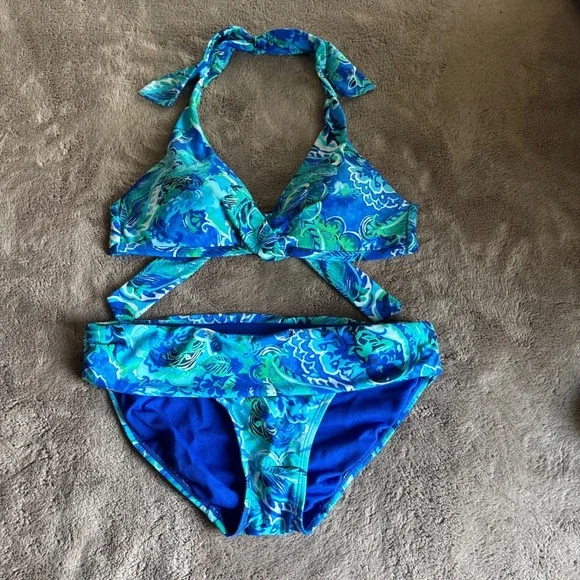 Lauren Ralph Lauren Exotic Paisley Halter Bikini Set Blue Green - Picture 3 of 10